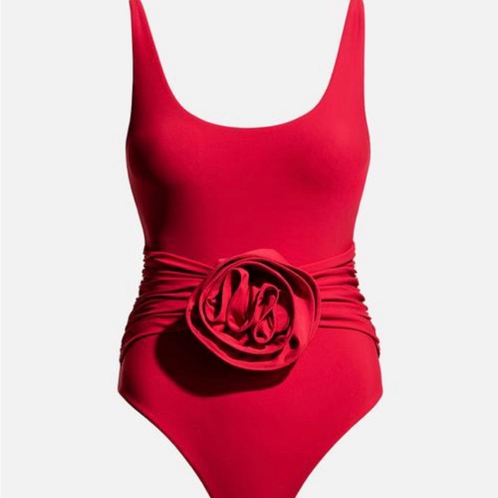 Magda Butrym One-Piece Swimsuit with Waist Flower in Red